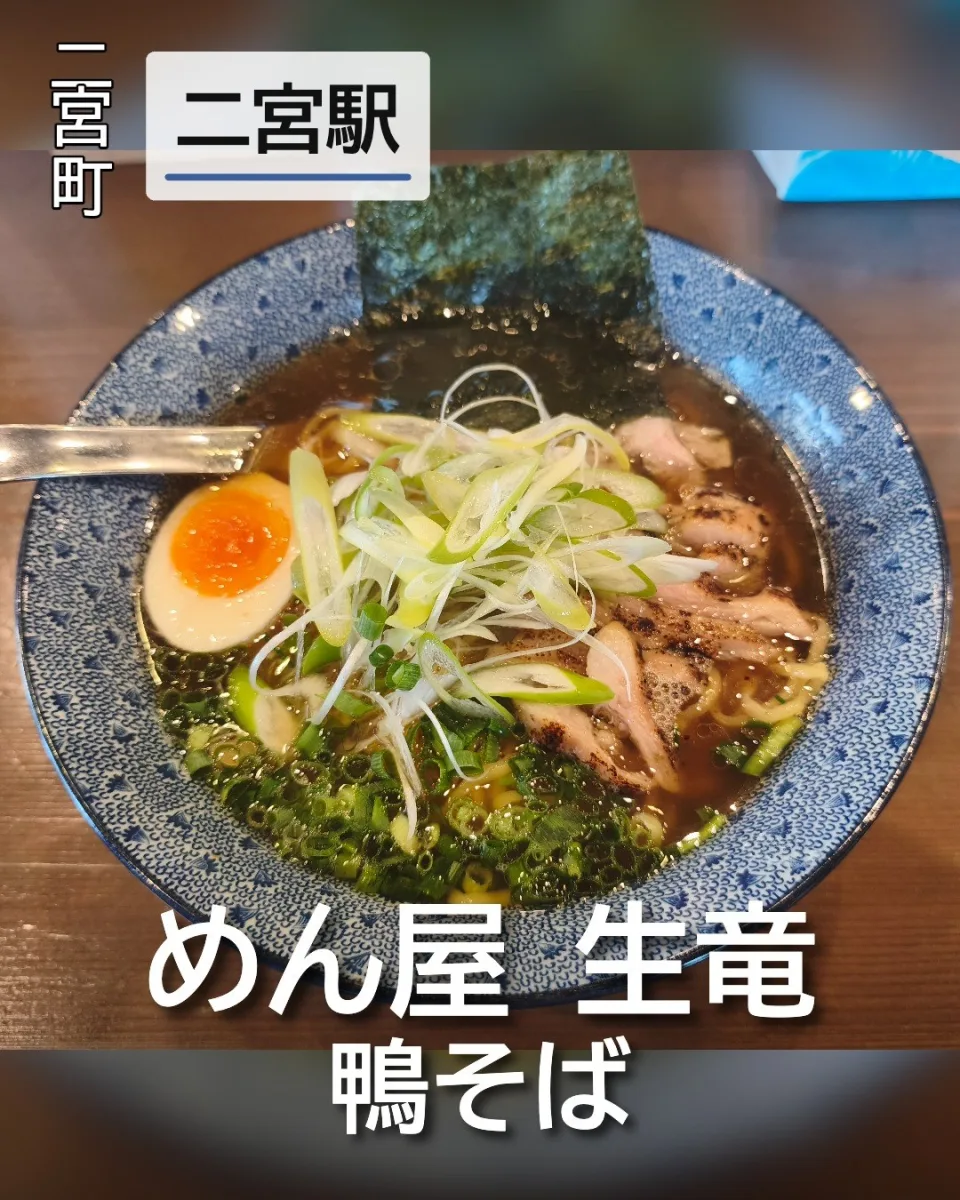 めん屋 生竜の鴨そば。透き通る醤油清湯スープに炙り鴨チャーシュー、味玉、ネギが美しく盛られた一杯